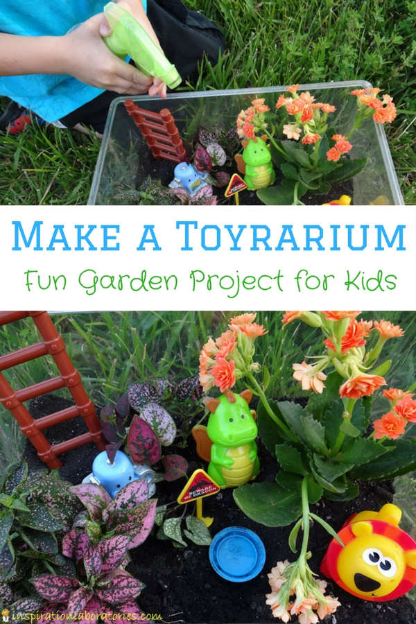 terrarium with dirt, plants, and kids' toys with text overlay Make a Toyrarium Fun Garden Project for Kids
