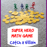 Super Hero Math Game: Catch a Villain – Practice number recognition, counting, and addition in this great game that gets kids moving. Have fun #SuperHeroing