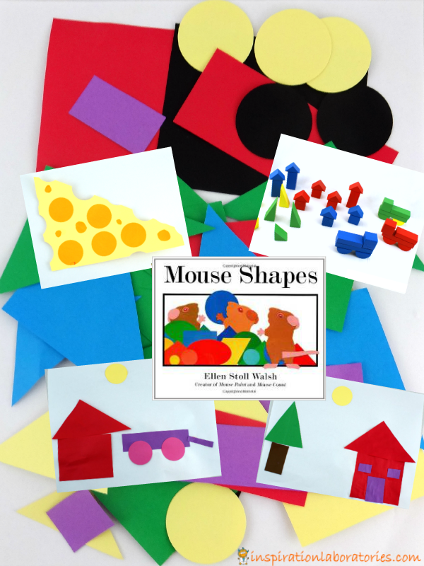 Shape collages and block scenes inspired by Mouse Shapes by Ellen Stoll Walsh - part of the Virtual Book Club for Kids