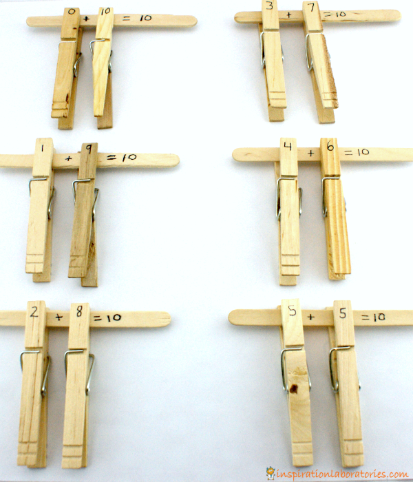 Use craft sticks and clothespins to practice all of the way to make ten with two numbers.