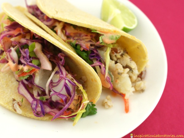 Delicious fish tacos with Minute® Multi-Grain Medley, sriracha mayo, and Mexican street salad! sponsored by Minute® Rice