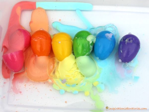 Make rainbow foam eggs with this easy experiment.