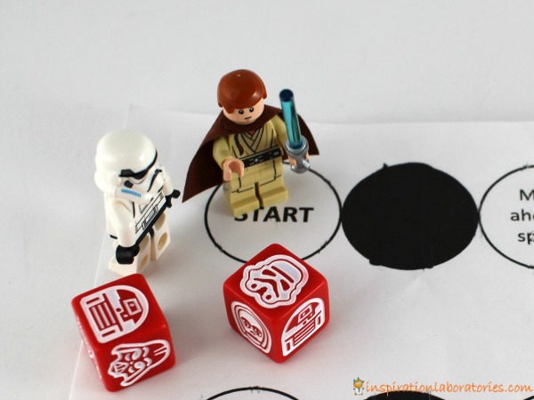 Play these fun Star Wars dice games with galactic dice, LEGO minifigures, and a free printable board game