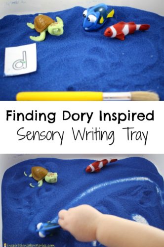 Use a Finding Dory Sensory Writing Tray to practice letter formation, spelling, pre-writing skills.