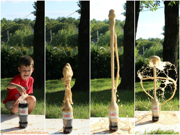 Try the classic Diet Coke and Mentos soda geyser experiment.