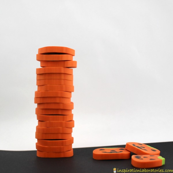 Use pumpkin erasers for a fun Halloween themed STEM stacking challenge. It makes for a great busy bag, too.