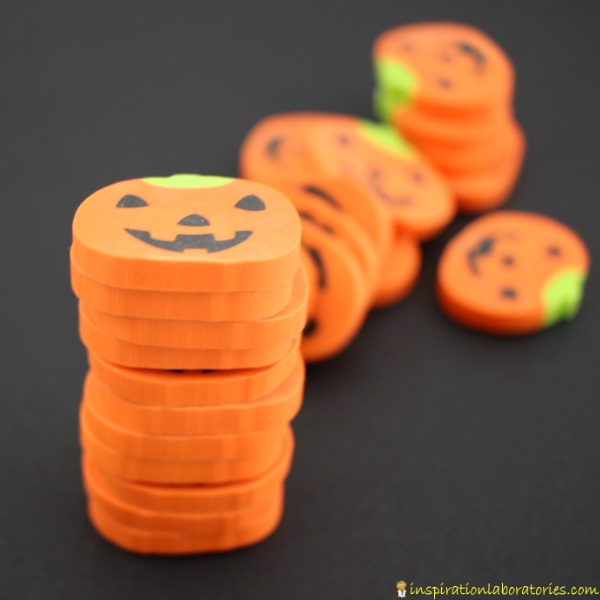 Use pumpkin erasers for a fun Halloween themed STEM stacking challenge. It makes for a great busy bag, too.