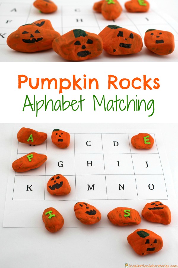 Use painted pumpkin rocks for a fun alphabet matching game.