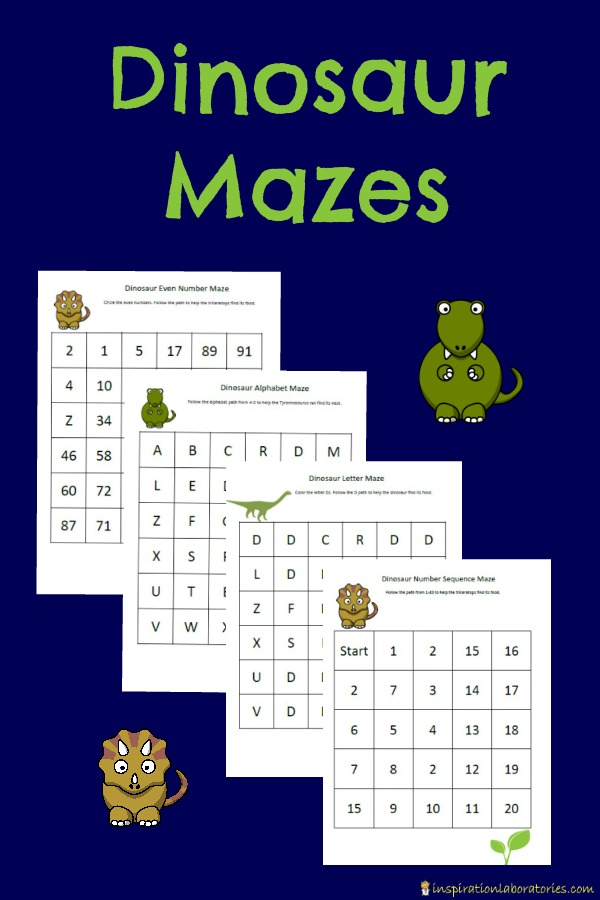 Free printable dinosaur mazes to work on number recognition and sequencing, counting, even numbers, letter recognition, and alphabetical order.