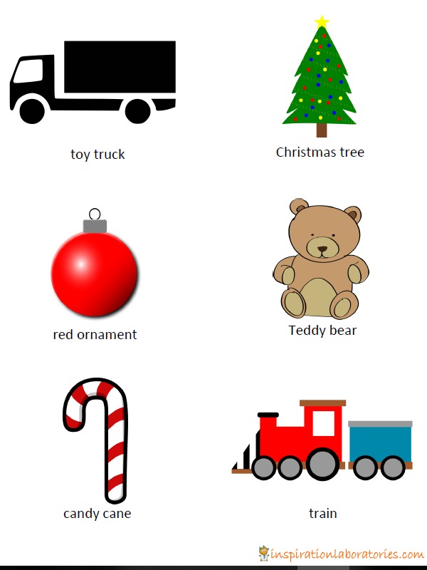picture clues for Christmas treasure hunt: toy truck, Christmas tree, red ornament, teddy bear, candy cane, toy train