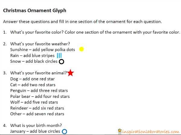 sample questions from Christmas ornament glyph worksheet
