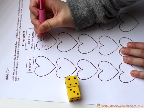 Play Add Ten - a Valentine's Day math game that practices adding and subtracting ten.