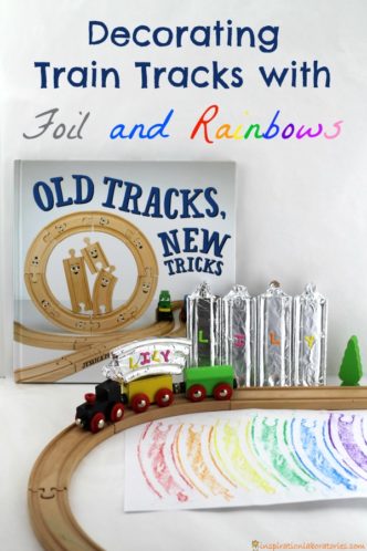 Old Tracks, New Tricks will inspire you to try new adventures with your train sets. Decorate train tracks with foil and rainbows to practice colors and name recognition.