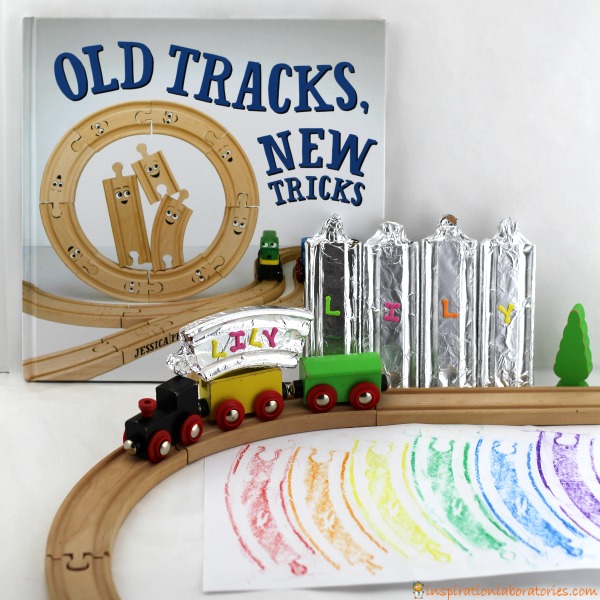 Old Tracks, New Tricks will inspire you to try new adventures with your train sets. Decorate train tracks with foil and rainbows to practice colors and name recognition.