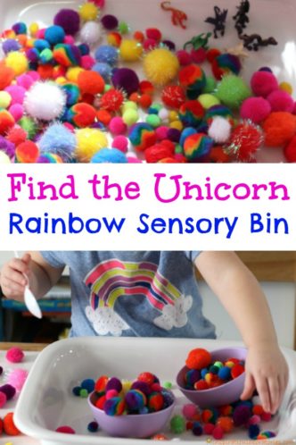 Find the Unicorn Rainbow Sensory Bin - Kids will love this colorful hide and seek game.