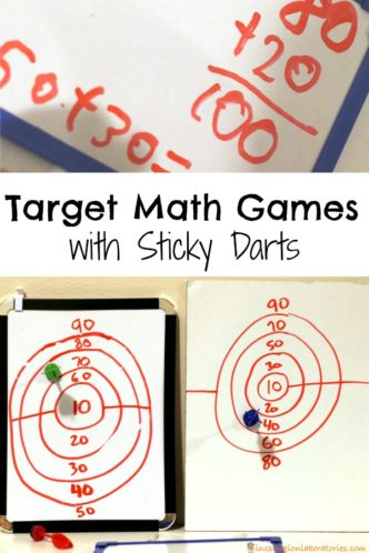 Play target math games with sticky darts to practice addition and subtraction.