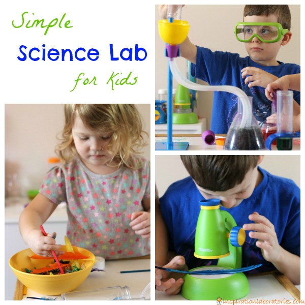 Set up a simple science lab for kids to encourage pretend play and science skills.
