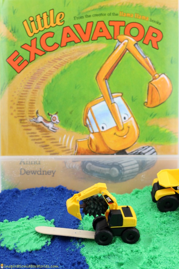 Use this DIY kinetic sand recipe to create a simple construction sensory bin for kids. Inspired by Little Excavator by Anna Dewdney.