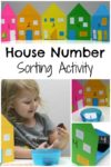 House number sorting activity – use pretend play to practice number recognition, counting, and one to one correspondence