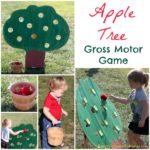 Play an apple tree gross motor game to get kids moving and practicing numbers. Homemade yarn apples add a special touch.