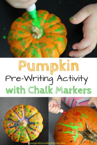 Use chalk markers for a simple pumpkin pre-writing activity inspired by Five Little Pumpkins.