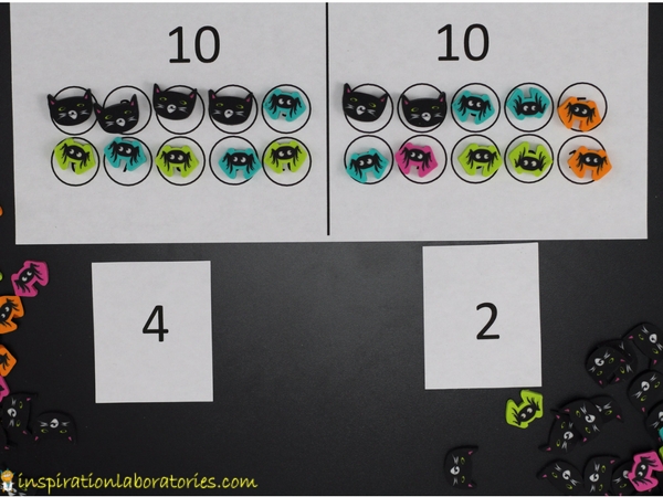 Practice counting and adding to ten with this halloween counting game. Use Halloween themed erasers as math counters.