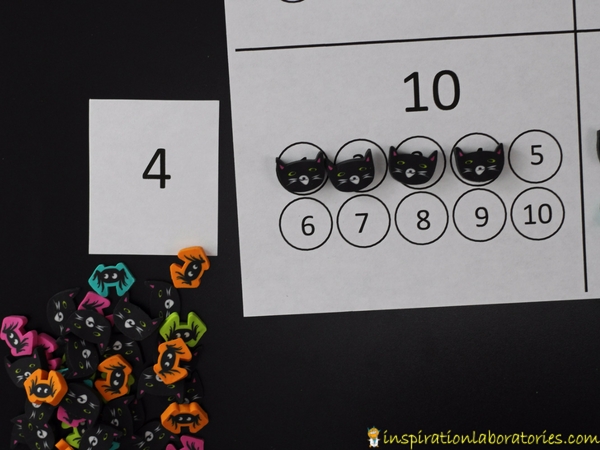 Practice counting and adding to ten with this halloween counting game. Use Halloween themed erasers as math counters.