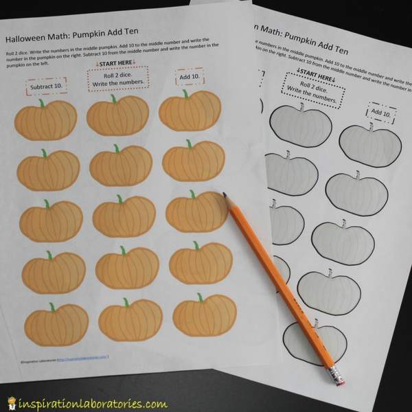 Download the free printable Halloween math game: Pumpkin Add Ten to practice adding and subtracting ten from any given number.