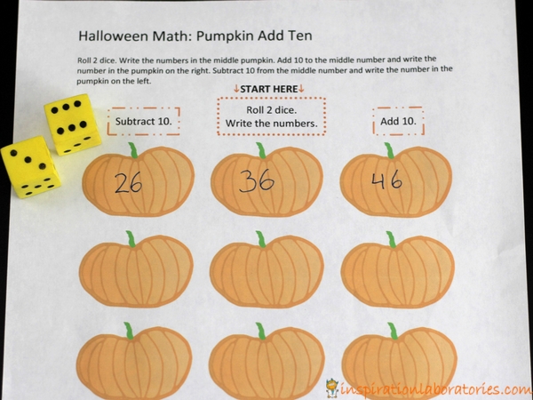 Play a fun Halloween Math Game. Pumpkin Add Ten practices adding and subtracting from any given number.