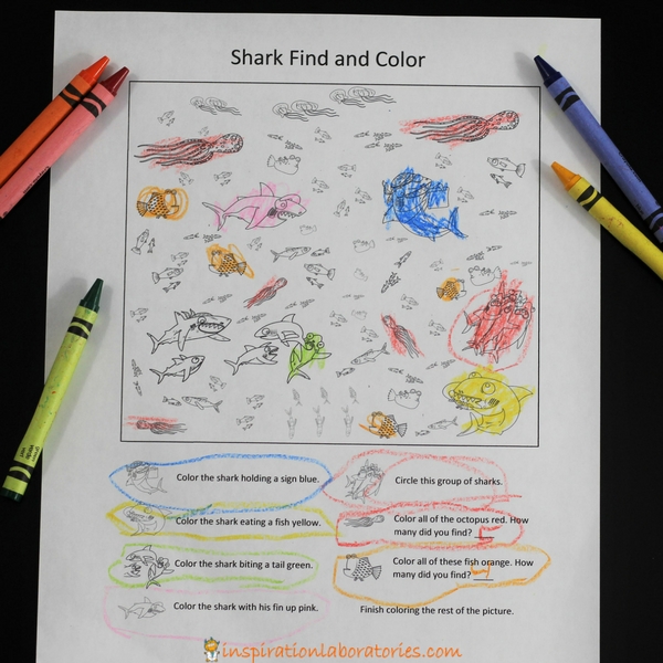 Free printable Shark Find and Color game
