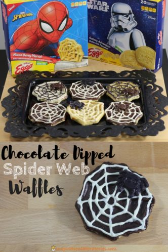 Chocolate dipped spider web waffles make a spooky fun Halloween treat. This spider web dessert is super simple and kids can help make them. Perfect for a Halloween party or a spider web treat for the family. Sponsored by #LeggoMyEggo #HearTheNews [ad]