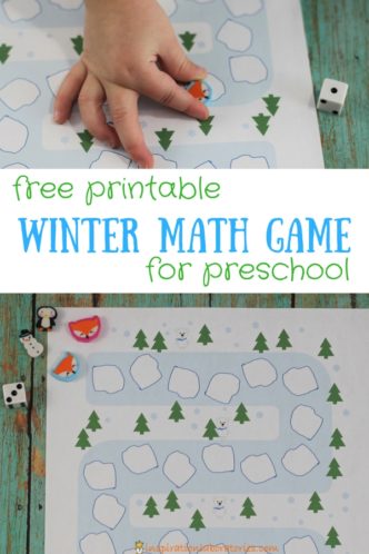 Download the free printable winter math game board to practice counting, subitizing, and turn taking with preschoolers. The game board has polar bears, trees, and icebergs. #wintermath #preschoolmath