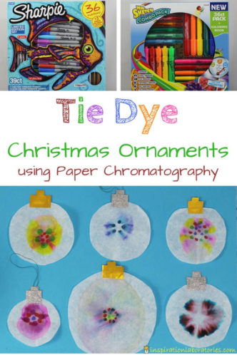 Use Sharpie permanent markers and Mr. Sketch scented markers to make color tie dye Christmas ornaments. This combination of science and art makes for a fantastic STEAM project for kids. Sponsored by #GiveColorfully