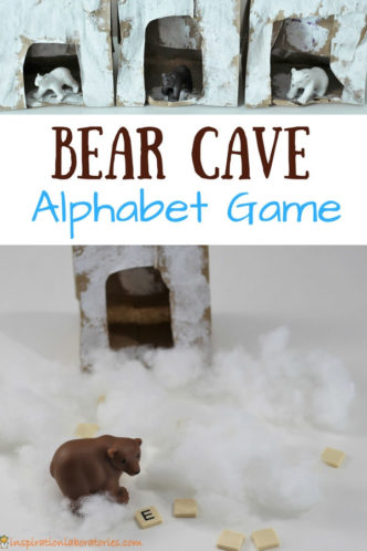 Bear Cave Alphabet Game inspired by Karma Wilson's Bear Snores On - Help bear search for the letters under the snow. Check out all of the bear themed activities in this post for the Virtual Book Club for Kids.