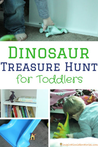 dinosaurs hidden around a room with a toddler searching for them with text overlay Dinosaur Treasure Hunt for Toddlers