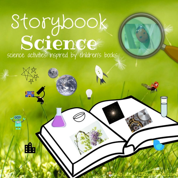 storybook with science themed pictures flying out with text overlay Storybook Science science activities inspired by children's books