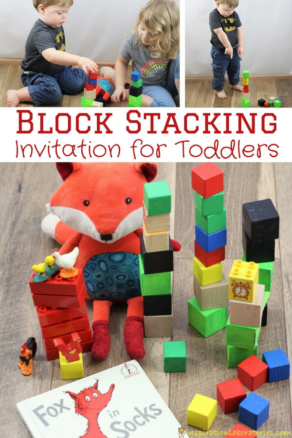 Fox in Socks book with blocks, toddlers, and toy fox with text overlay Block Stacking Invitation for Toddlers