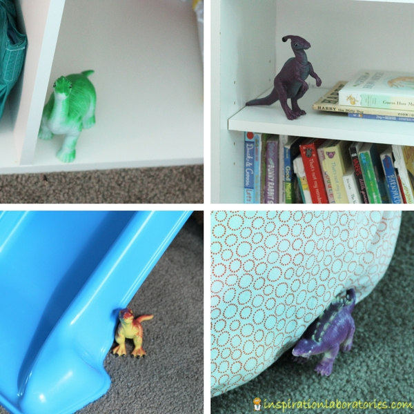 dinosaur toys hidden around the room