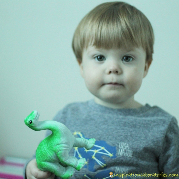 toddler boy holding toy dinosaur