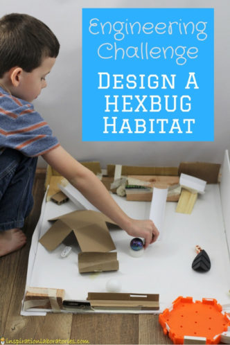 hexbug habitat made with cardboard, paper, and wood with text overlay Engineering Challenge Design a Hexbug Habitat