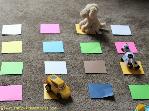 grid of colorful squares with toys