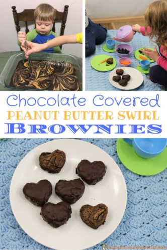 heart shape brownies covered in chocolate with text overlay Chocolate Covered Peanut Butter Swirl Brownies