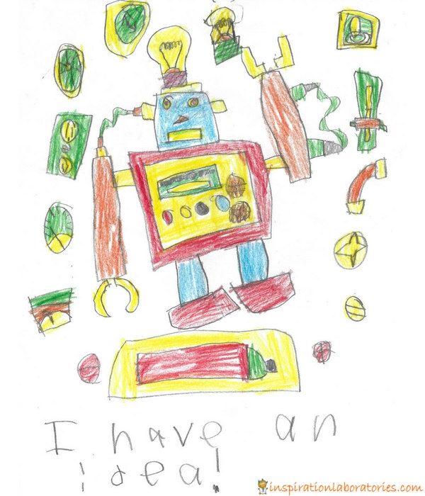 hand drawn robot colored with crayon