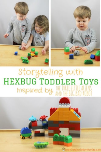 toddlers playing with HEXBUG with text overlay Storytelling with HEXBUG Toddler Toys inspired by The Three Little Aliens and the Big Bad Robot