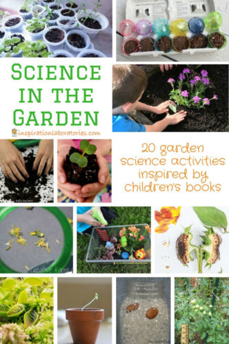 collage of garden science activities with text overlay Science in the Garden 20 garden science activities inspired by children's books