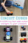 Sponsored by Circuit Cubes, electronic building blocks that add motion and light to your kids’s creations. LEGO compatible each kit comes with a battery, motor, and light.