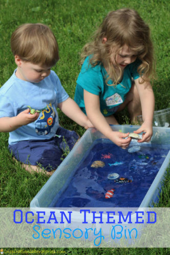 Simple ocean themed sensory bin with sand and water. Great ocean activity to go along with The Pout-Pout Fish or other ocean themed books.