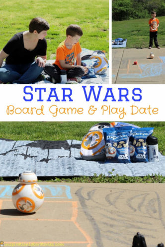 Head to the park with popchips for a Star Wars picnic and play date. Draw a giant board with chalk and use your Star Wars toys as playing pieces. Sponsored by #poppedwiththeforce