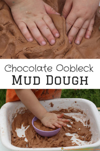 Chocolate oobleck mud dough is a taste safe play dough made from cornstarch. It has the squishy consistency of mud.