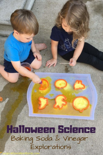 Give a classic baking soda and vinegar exploration a Halloween twist with cookie cutters. Such a fun Halloween science idea for toddlers and preschoolers.